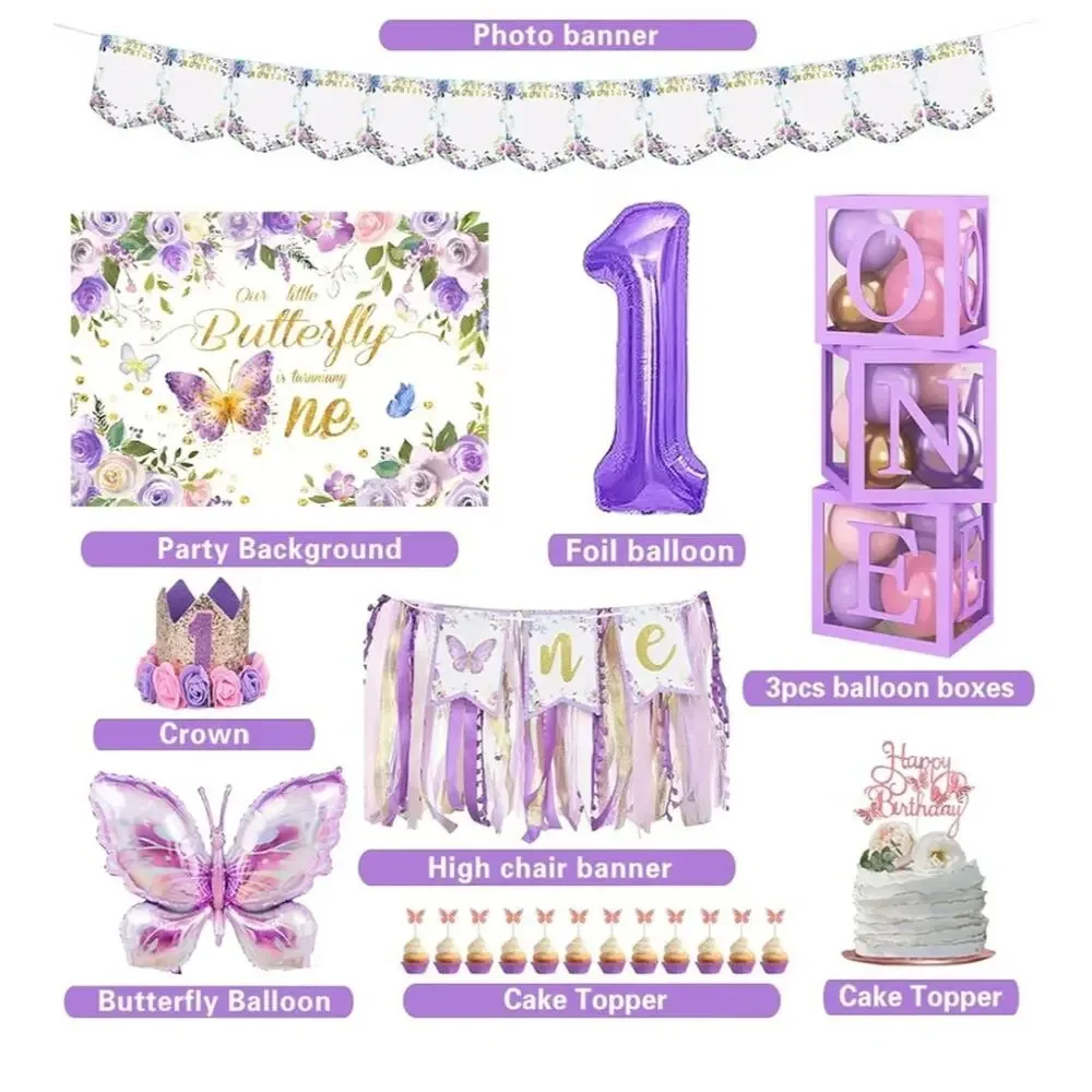 Butterfly First Birthday Décor Pink Purple Boxes Backdrop Arch